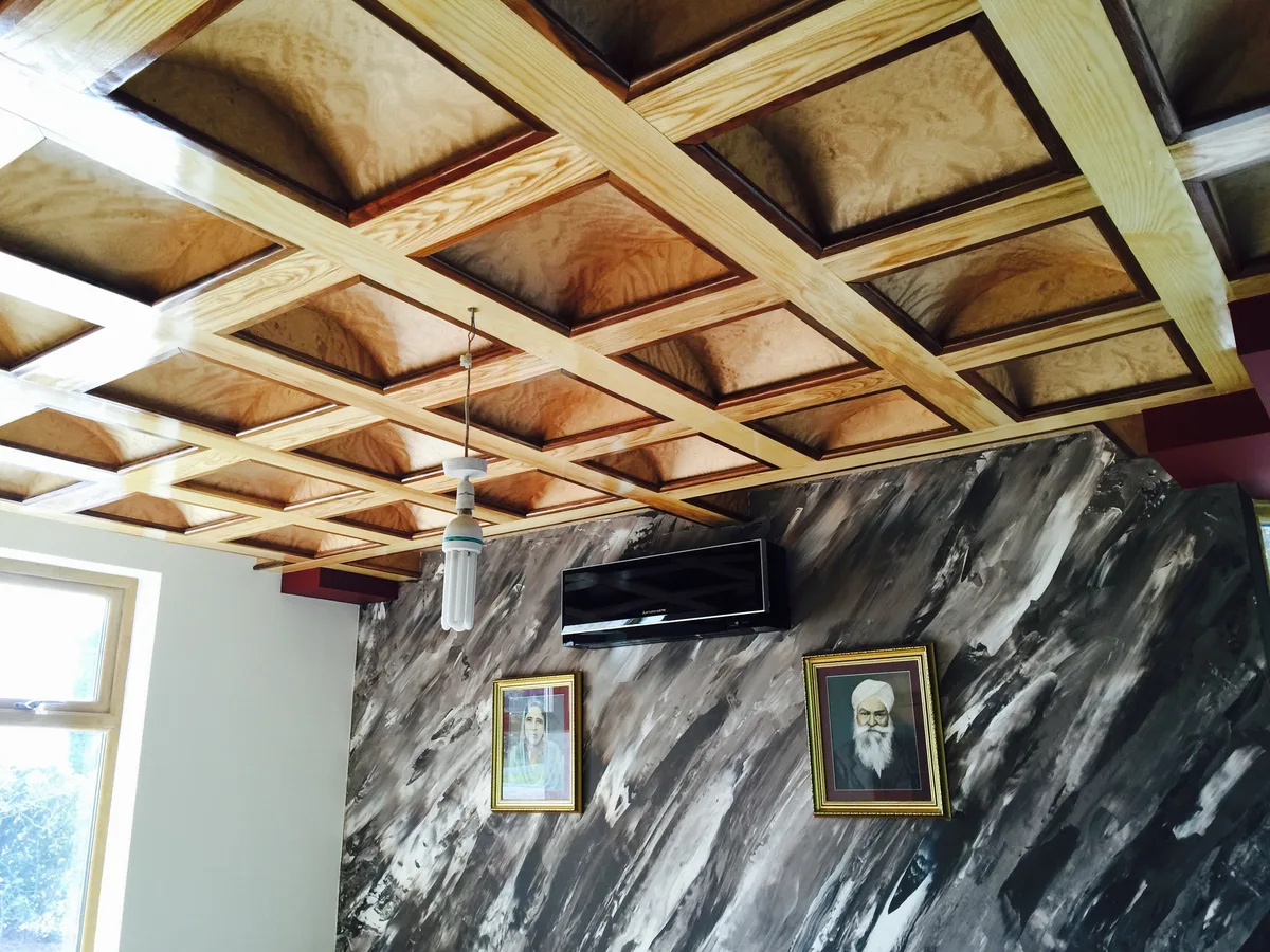 Natural oak grid coffered ceiling installed in a Berkshire home
