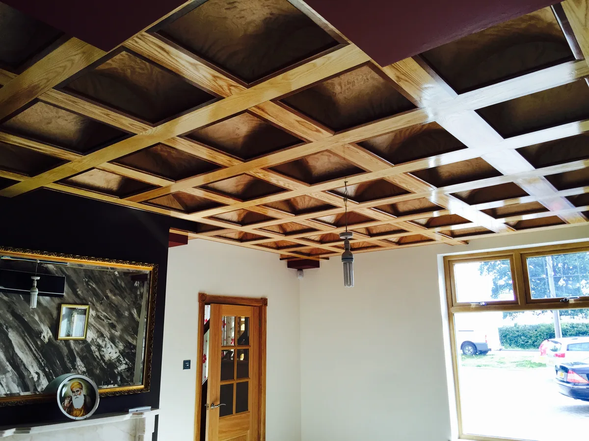 Natural oak coffered ceiling with grid beam pattern installed in a Berkshire home