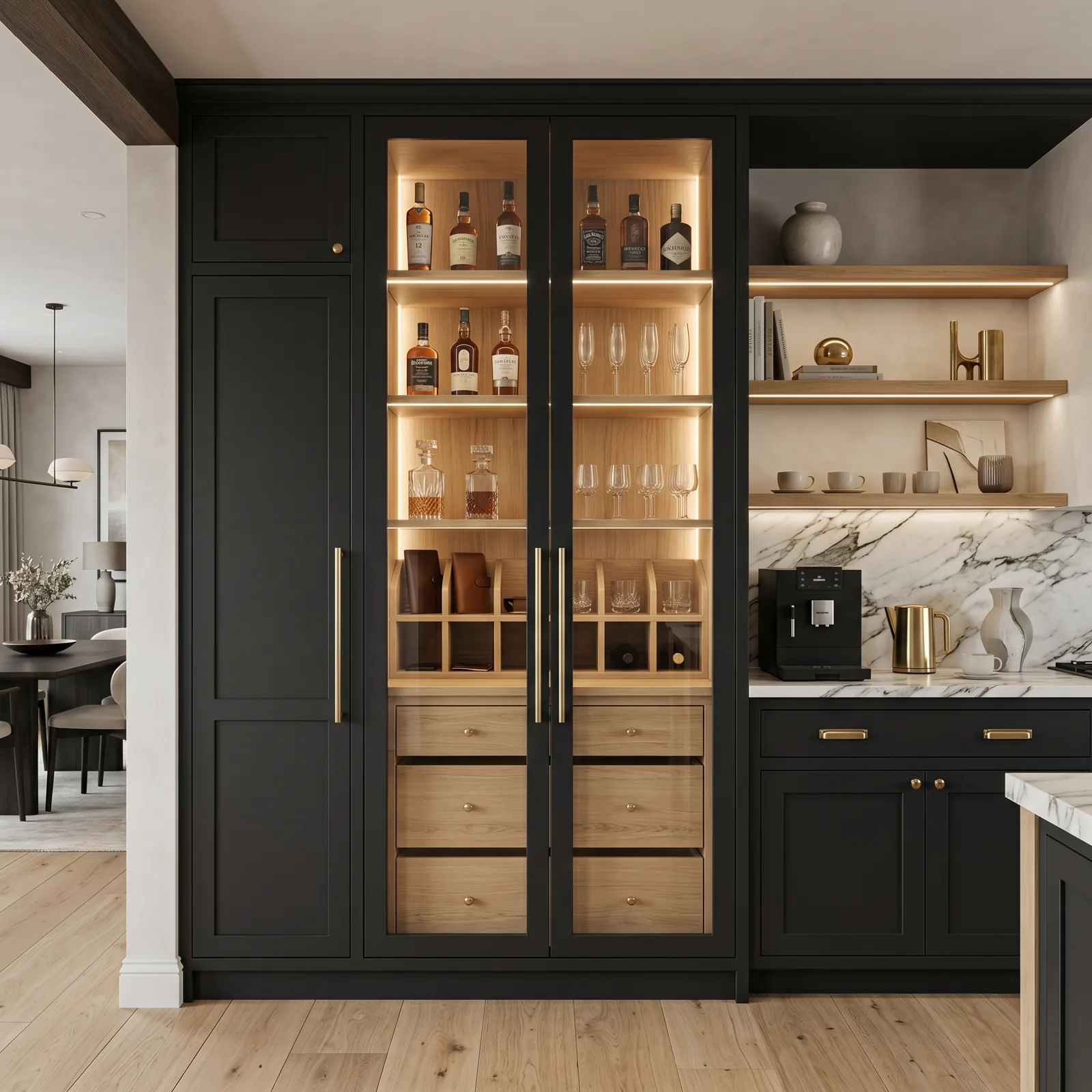 Bespoke dark drinks display cabinet with oak interior, Berkshire