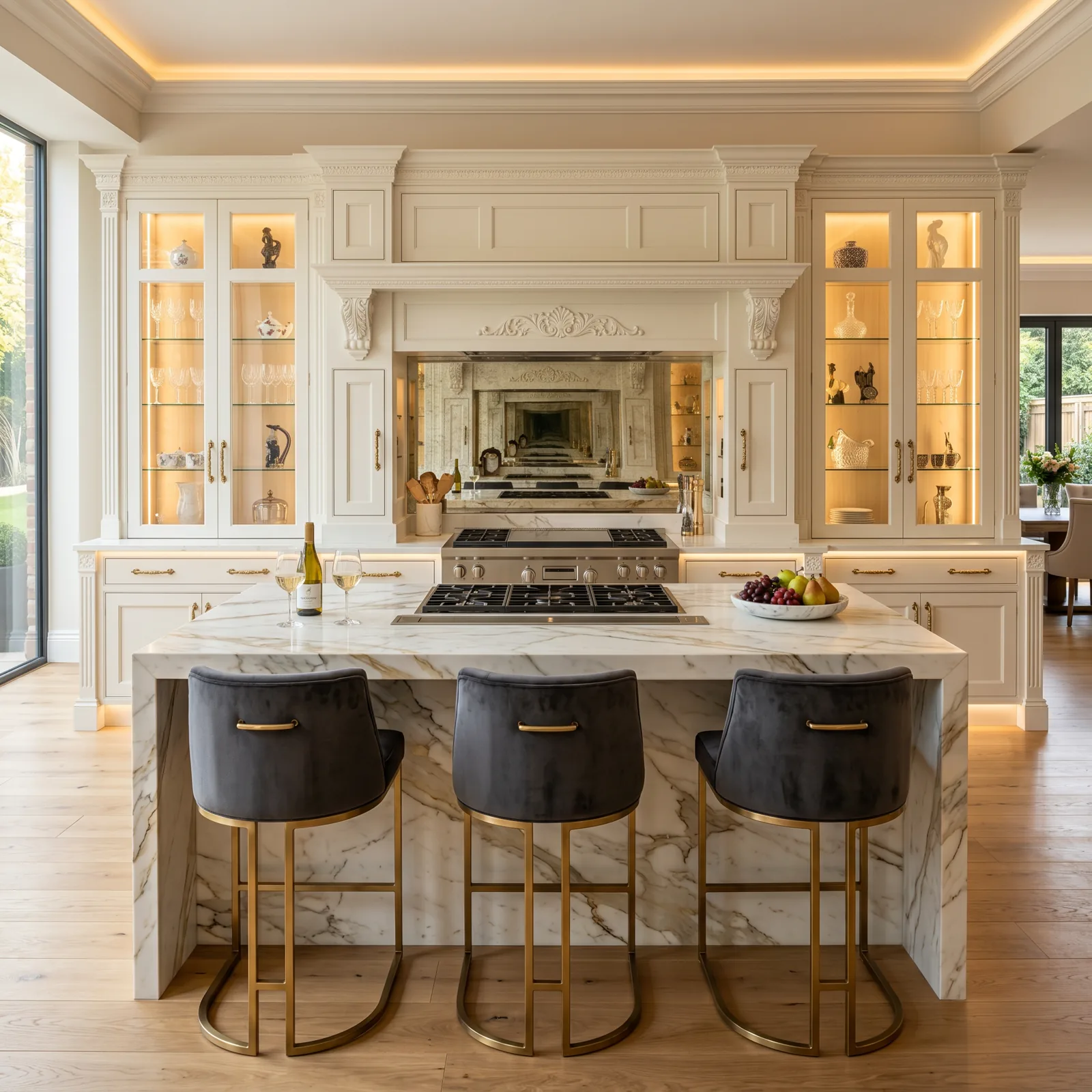Bespoke cream kitchen with marble island and brass detailing, Berkshire