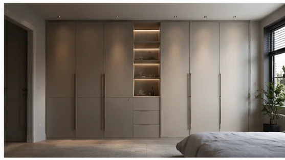 Cream fitted wardrobes with illuminated open shelving installed in Berkshire