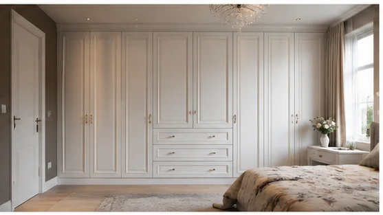 Grey fitted wardrobes with integrated open shelving niches in a Berkshire bedroom