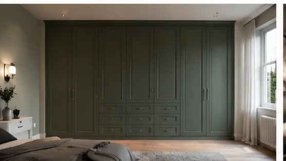 Sage green fitted wardrobes with shaker-style doors in a Berkshire bedroom