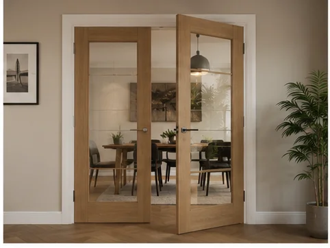 Glazed double internal doors with clear glass panels installed in a Berkshire home