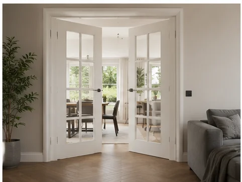 Grey glazed internal door with light oak surround installed in a Berkshire home