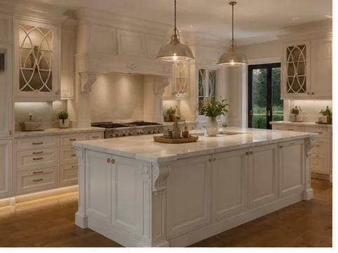 Cream shaker kitchen with marble island and brass pendant lights installed in a Berkshire home