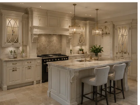 Grey shaker kitchen with marble worktop and upholstered bar stools installed in a Berkshire home