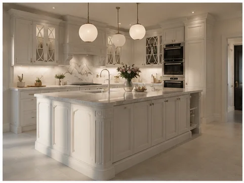 Ivory kitchen with arched cabinet detail and statement island pendant lights in Berkshire