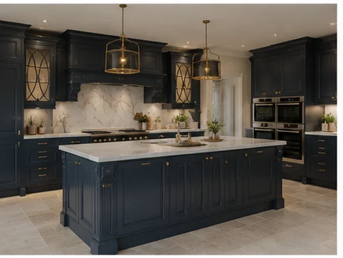 Navy blue shaker kitchen with white quartz worktop and brass hardware installed in Berkshire