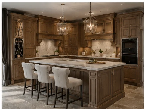 Solid oak kitchen with central island and chandelier lighting installed in Berkshire