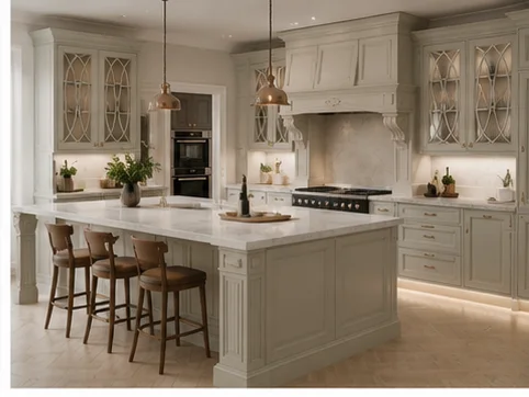 White kitchen with marble worktop and bar stools installed in a Berkshire home