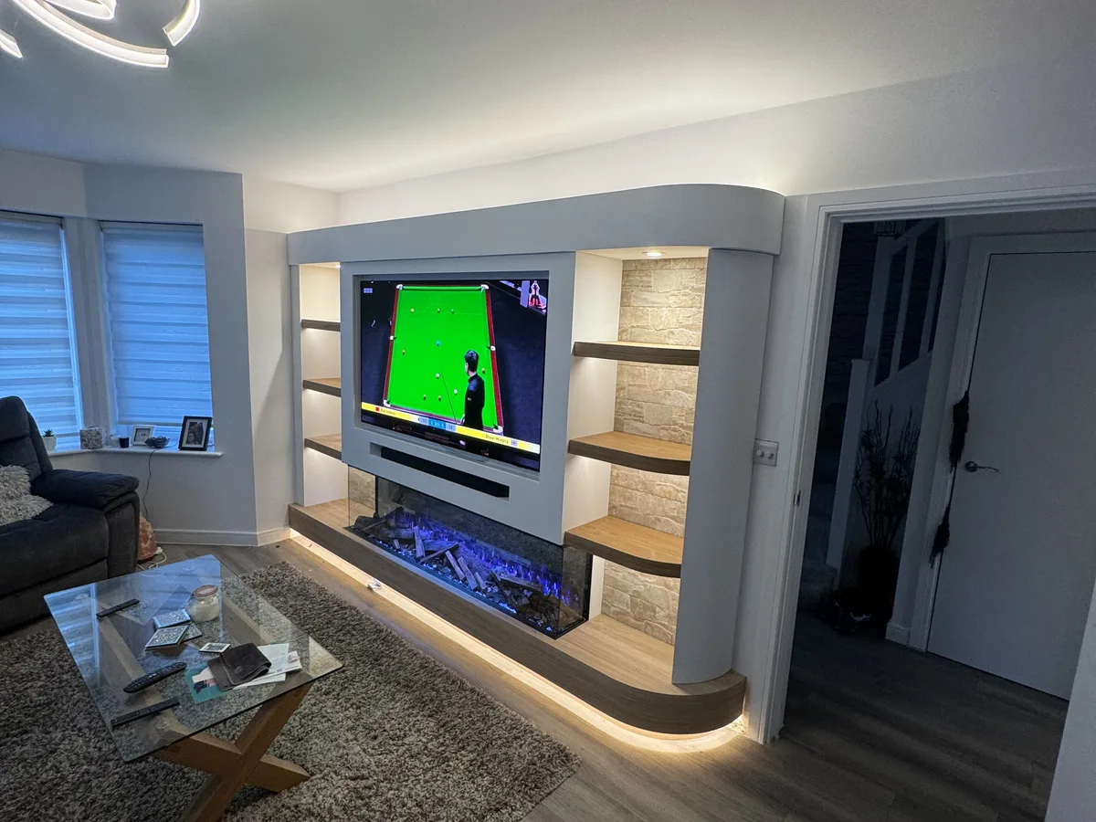 Custom bespoke media wall with integrated electric fireplace in Bracknell, Berkshire