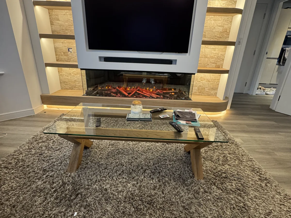 Completed slatted panel media wall in a Bracknell living room