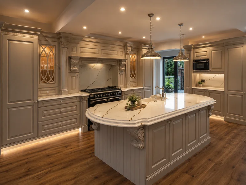 Ornate bespoke kitchen with marble island and brass pendant lights installed in a Berkshire home
