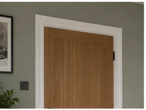 Oak internal door with white painted architrave set against grey wall in Berkshire