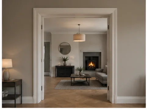 White painted architrave around door opening with fireplace view in a Berkshire hallway