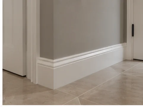 White ogee profile skirting board against grey painted wall in a Berkshire home