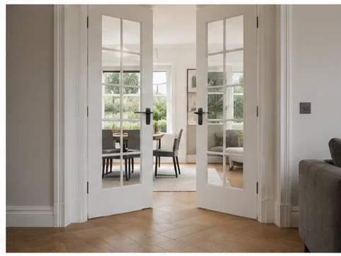 White skirting boards and architraves fitted around glazed door in a Berkshire home