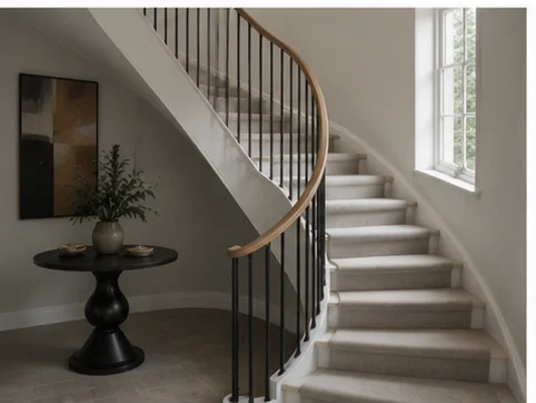 Curved staircase with dark iron spindles installed in a Berkshire hallway