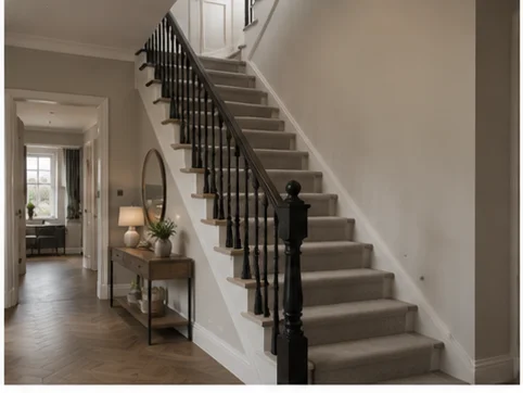 Staircase with dark metal spindles and carpet runner installed in a Berkshire hallway
