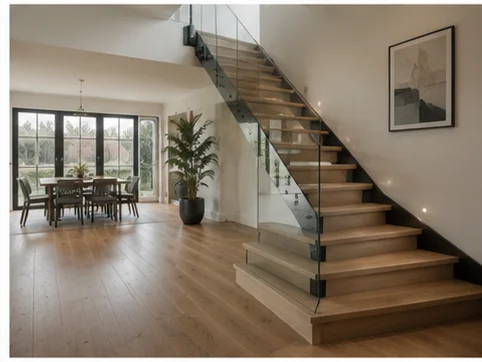 Glass panel staircase balustrade in an open plan Berkshire home