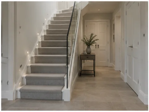 Modern staircase with grey carpet and clean white balustrade installed in Berkshire