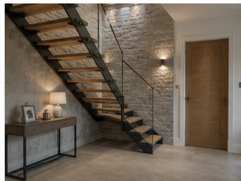 Industrial style oak staircase with steel frame against exposed brick in a Berkshire home