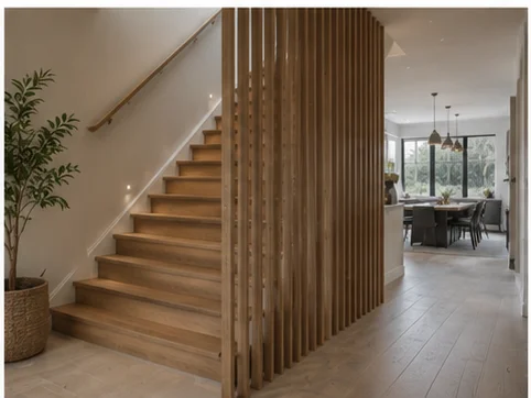 Oak staircase with slatted timber panel detail installed in a Berkshire home